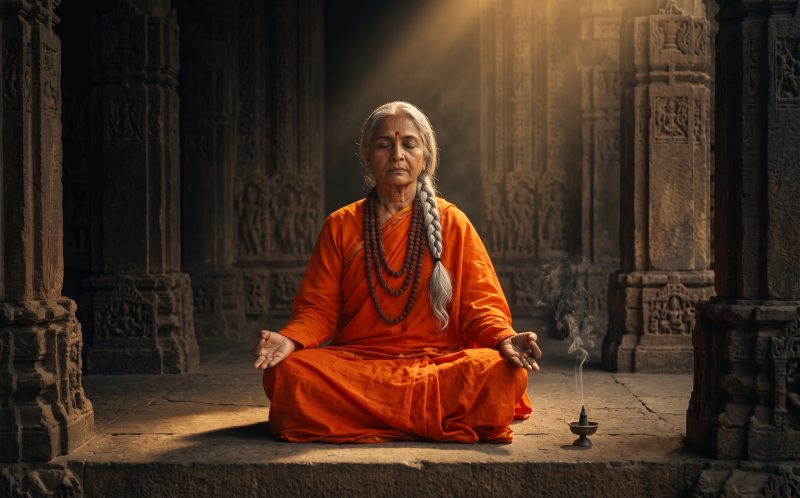An older Indian woman with grey hair in a traditional orange robe, wearing mala beads, sits in a cross-legged meditative pose. She is inside a dimly lit ancient stone temple with intricate pillars, a glowing light ray, and a single incense holder.