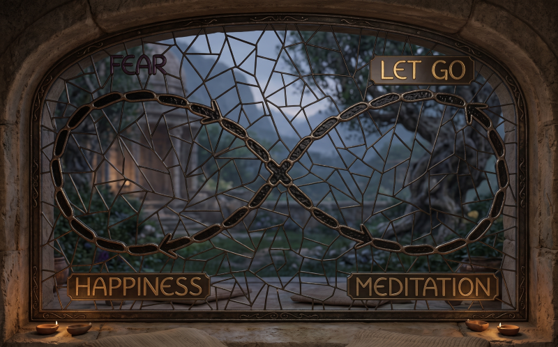 A detailed stained glass panel window in an ancient stone archway shows a stylized infinity symbol flow with arrows. Gold engraved plaques in the corners have text that reads "FEAR" (top-left), "LET GO" (top-right), "HAPPINESS" (bottom-left), and "MEDITATION" (bottom-right). The view through the window is a calm misty mountain valley with an ancient temple.