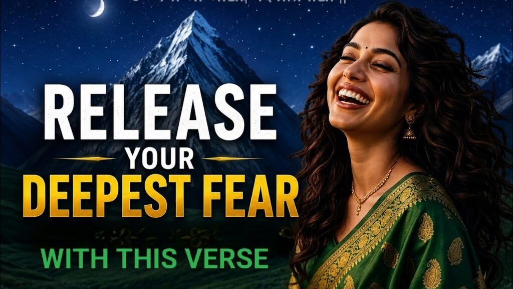 A joyful woman in a green saree laughing against a starry night sky and a large snow-capped mountain. Large white and yellow text reads "RELEASE YOUR DEEPEST FEAR WITH THIS VERSE".