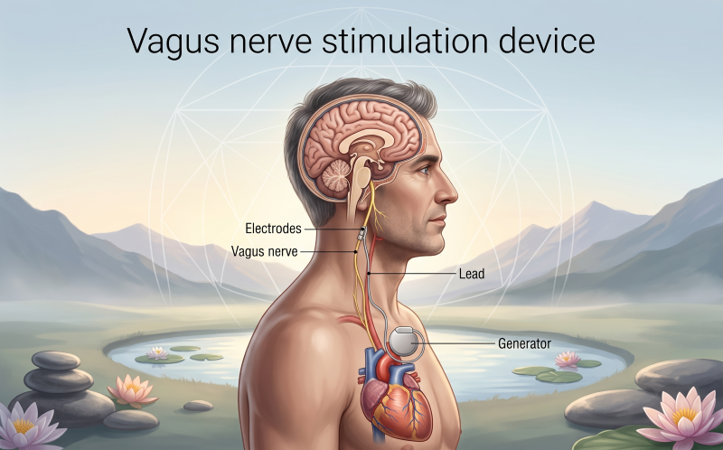 A medical illustration showing a human head and torso from the side. A translucent overlay shows the brain and a yellow line tracing down the neck labeled "Vagus nerve." An illustration of a medical stimulation device with leads and electrodes is shown connected. The background is a calm mountain lake with blooming lotus flowers. Text at the top says "Vagus nerve stimulation device".